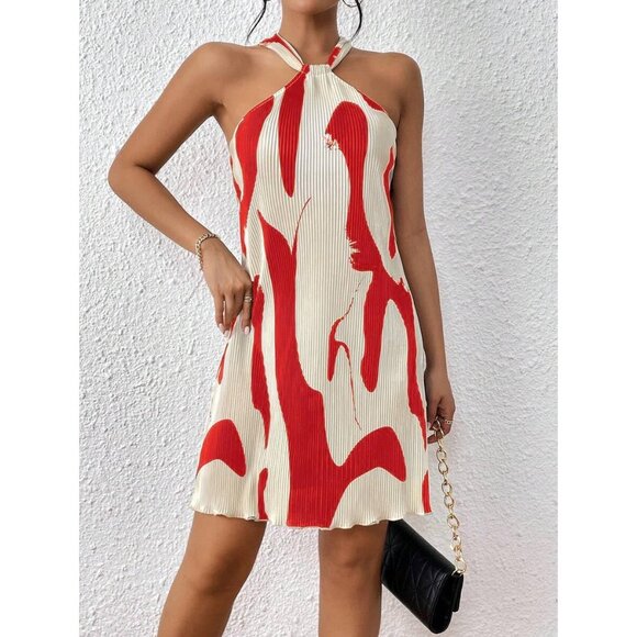 Women's Printed Halter Neck Mini Dress Casual Sundress for Parties Day - Picture 7 of 7